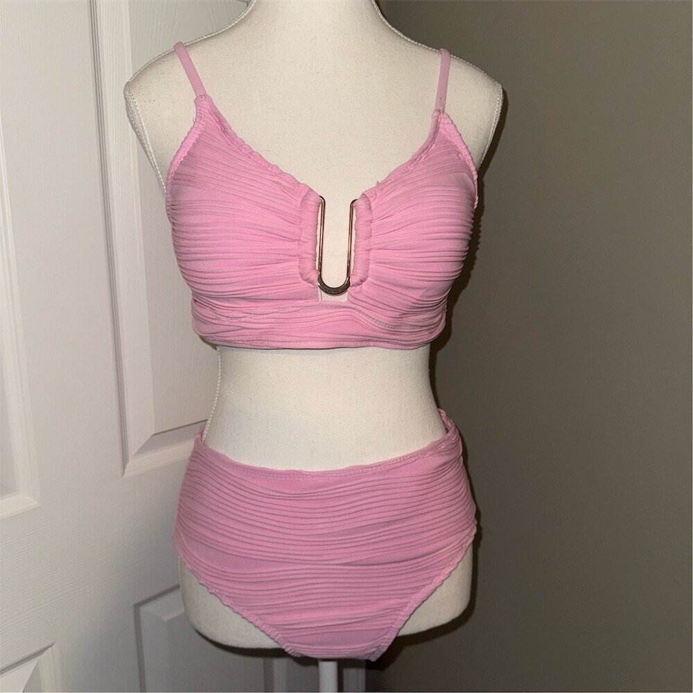 Bikini Set Womens Size L Pink Ribbed‎ U-Wire Top High-Waist Summer Beach Barbie